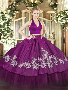 Superior Fuchsia Taffeta Zipper Halter Top Sleeveless Floor Length 15th Birthday Dress Appliques