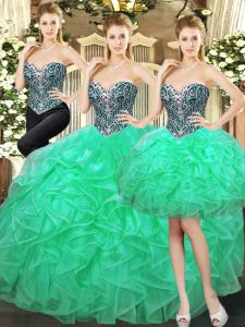 Turquoise Ball Gowns Sweetheart Sleeveless Tulle Floor Length Lace Up Beading and Ruffles 15th Birthday Dress