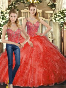 Fantastic Red Straps Lace Up Beading and Ruffles Quinceanera Gown Sleeveless