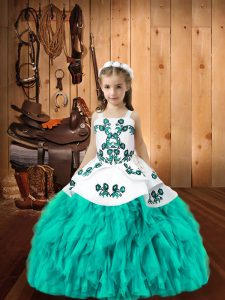 Aqua Blue Sleeveless Embroidery and Ruffles Floor Length Little Girl Pageant Gowns