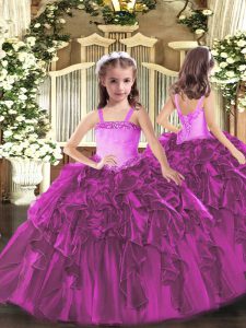 Eye-catching Fuchsia Lace Up Custom Made Pageant Dress Appliques and Ruffles Sleeveless Floor Length
