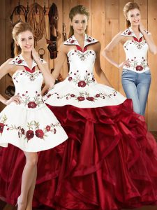 Halter Top Sleeveless Organza Vestidos de Quinceanera Embroidery and Ruffles Lace Up