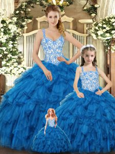Straps Sleeveless Lace Up Sweet 16 Quinceanera Dress Teal Organza