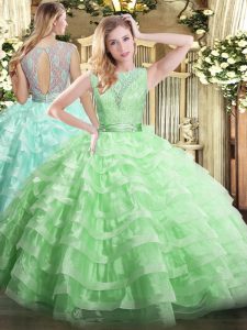 Apple Green Sleeveless Floor Length Lace and Ruffled Layers Backless 15 Quinceanera Dress