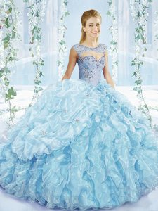 Blue Organza Lace Up Sweetheart Sleeveless Ball Gown Prom Dress Beading and Ruffles and Pick Ups