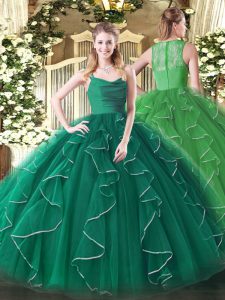 Dark Green Ball Gowns Organza Straps Sleeveless Ruffles Floor Length Zipper Sweet 16 Dress