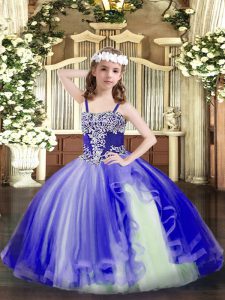 Floor Length Blue Little Girl Pageant Gowns Tulle Sleeveless Appliques