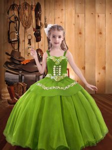 Olive Green Lace Up Straps Embroidery Pageant Dress Organza Sleeveless