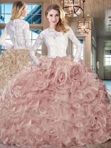 Fantastic Long Sleeves Beading and Ruffles Lace Up Quinceanera Dress with Pink And White Brush Train