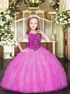 Graceful Rose Pink Ball Gowns Scoop Sleeveless Organza Floor Length Zipper Beading and Ruffles Little Girls Pageant Gowns