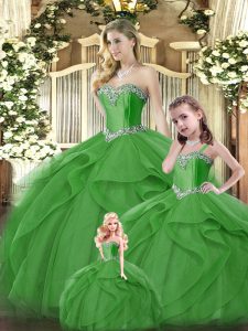 Dramatic Sleeveless Floor Length Ruffles Lace Up Quinceanera Dresses with Green