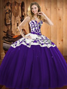Purple Satin and Tulle Lace Up Sweetheart Sleeveless Floor Length 15th Birthday Dress Embroidery