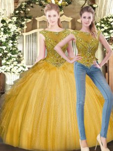 Gold Scoop Zipper Beading and Ruffles Quinceanera Gowns Sleeveless