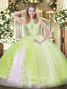 Vintage Scoop Sleeveless Sweet 16 Dresses Floor Length Lace and Ruffles Yellow Green Organza