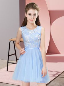 Light Blue Side Zipper Scoop Lace Dama Dress for Quinceanera Tulle Sleeveless