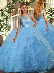 Sleeveless Floor Length Ruffles Backless Sweet 16 Quinceanera Dress with Aqua Blue