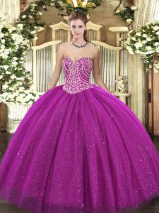 Fine Fuchsia Sleeveless Tulle Lace Up Sweet 16 Quinceanera Dress for Military Ball and Sweet 16 and Quinceanera
