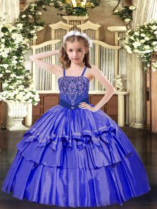 Fashion Organza Straps Sleeveless Lace Up Beading and Ruffled Layers Evening Gowns in Blue