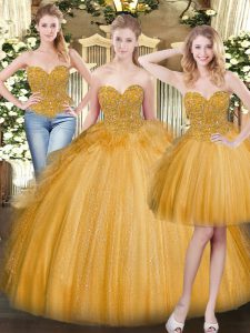 Gold Quince Ball Gowns Military Ball and Sweet 16 and Quinceanera with Beading and Ruffles Sweetheart Sleeveless Lace Up