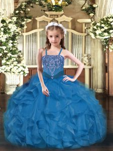 Customized Floor Length Blue Pageant Gowns Straps Sleeveless Lace Up