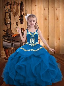 Fashionable Blue Sleeveless Organza Lace Up Little Girl Pageant Gowns for Party and Sweet 16 and Quinceanera and Wedding Party