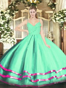 Glittering Apple Green Zipper Quinceanera Dresses Ruffled Layers Sleeveless Floor Length