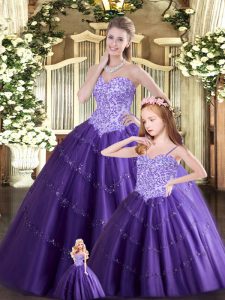 Purple Ball Gowns Sweetheart Sleeveless Tulle Floor Length Lace Up Beading 15th Birthday Dress