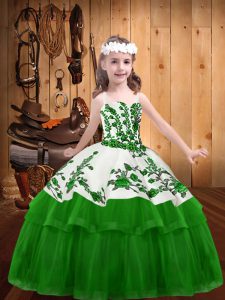 Simple Green Ball Gowns Straps Sleeveless Organza Floor Length Lace Up Embroidery Pageant Dress for Girls