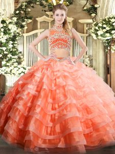 Noble Tulle High-neck Sleeveless Backless Beading and Ruffled Layers Ball Gown Prom Dress in Orange Red