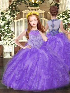 Lavender Tulle Zipper Pageant Gowns Sleeveless Floor Length Beading and Ruffles