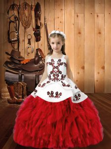 Straps Sleeveless Kids Formal Wear Floor Length Embroidery and Ruffles Red Organza