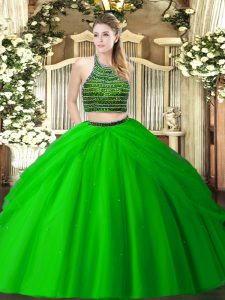 Super Green Zipper Sweet 16 Dress Beading and Ruching Sleeveless Floor Length