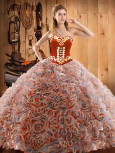 Spectacular Multi-color Ball Gowns Satin and Fabric With Rolling Flowers Sweetheart Sleeveless Embroidery With Train Lace Up Quinceanera Dresses Sweep Train