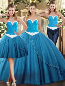 Custom Design Floor Length Ball Gowns Sleeveless Teal Quinceanera Gowns Lace Up
