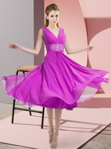 Cheap Empire Court Dresses for Sweet 16 Fuchsia V-neck Chiffon Sleeveless Knee Length Side Zipper