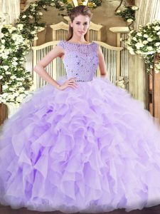 Sleeveless Floor Length Beading and Ruffles Zipper Vestidos de Quinceanera with Lavender