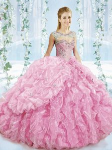 Perfect Baby Pink Sleeveless Organza Brush Train Lace Up Quinceanera Dress for Sweet 16 and Quinceanera