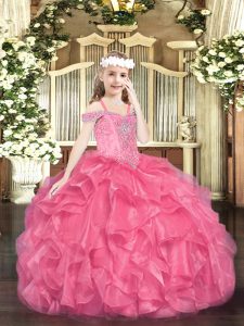 Hot Pink Lace Up Winning Pageant Gowns Beading and Ruffles Sleeveless Floor Length