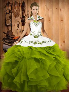 Cheap Olive Green Ball Gowns Embroidery and Ruffles Sweet 16 Dress Lace Up Tulle Sleeveless Floor Length