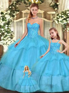 Floor Length Lace Up Sweet 16 Dress Aqua Blue for Military Ball and Sweet 16 and Quinceanera with Beading and Ruffled Layers