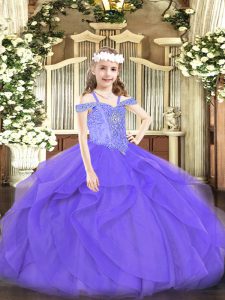 Lavender Ball Gowns Beading and Ruffles Pageant Gowns Lace Up Tulle Sleeveless Floor Length