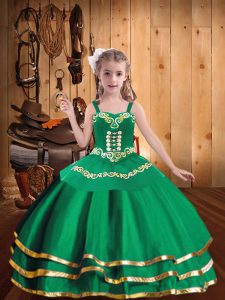 Green Organza Lace Up Custom Made Pageant Dress Sleeveless Floor Length Embroidery and Ruffled Layers