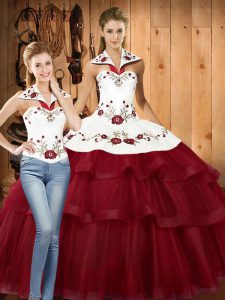 Super Halter Top Sleeveless Sweet 16 Quinceanera Dress With Train Sweep Train Embroidery and Ruffled Layers Wine Red Satin and Organza
