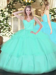 Low Price Apple Green Spaghetti Straps Zipper Ruffled Layers Quince Ball Gowns Sleeveless
