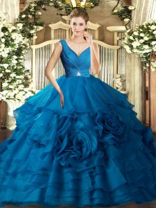 Blue Sleeveless Floor Length Beading and Ruching Backless Sweet 16 Dresses