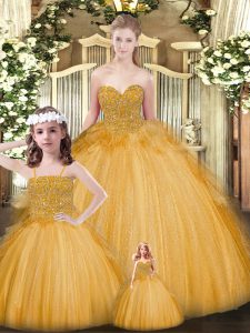 Gold Sleeveless Tulle Lace Up 15 Quinceanera Dress for Military Ball and Sweet 16 and Quinceanera