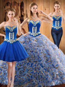 With Train Multi-color Sweet 16 Dress Satin and Fabric With Rolling Flowers Sweep Train Sleeveless Embroidery