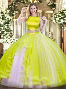 Yellow Green High-neck Neckline Ruffles Sweet 16 Dress Sleeveless Criss Cross