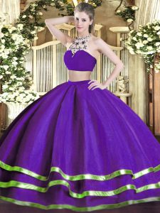 Hot Sale Purple Tulle Backless Quinceanera Dress Sleeveless Floor Length Beading