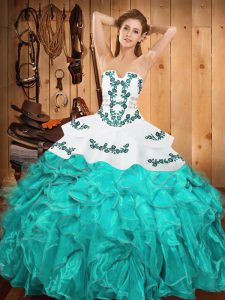 Satin and Organza Strapless Sleeveless Lace Up Embroidery and Ruffles Quinceanera Dresses in Aqua Blue